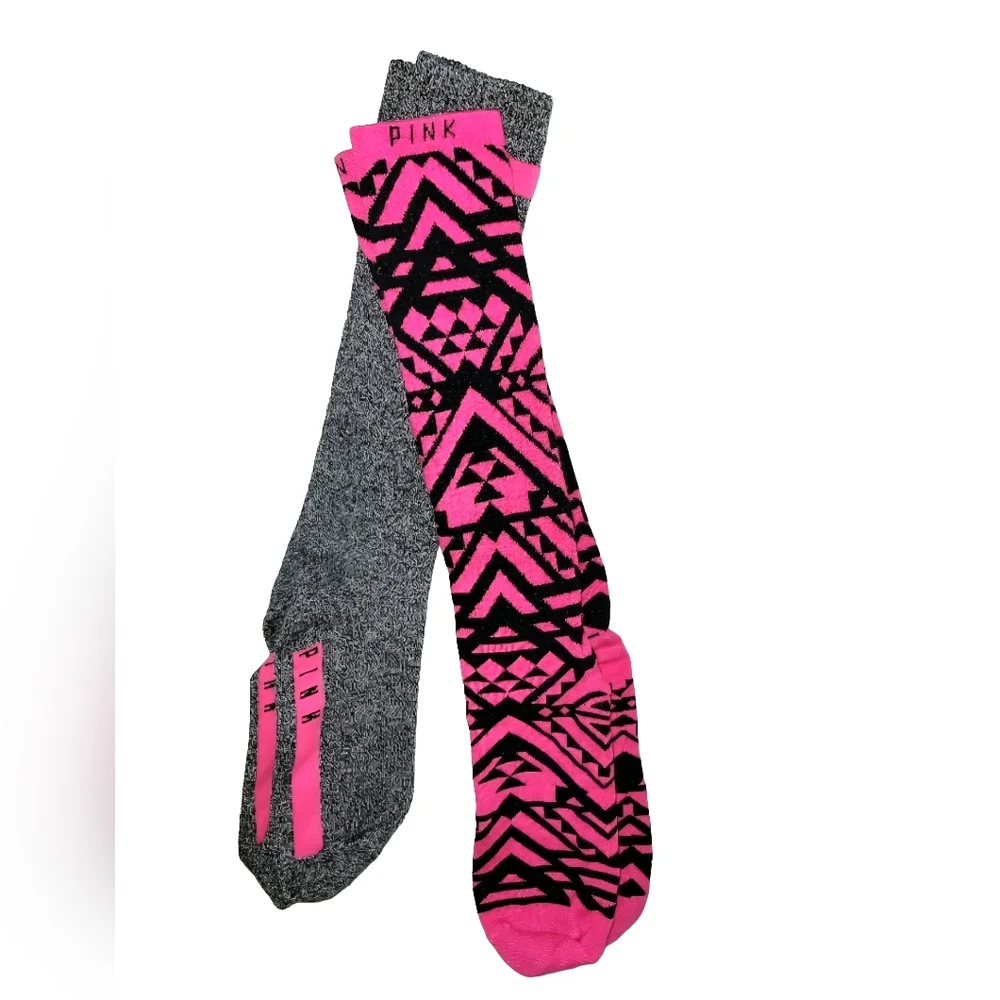 VS Pink 2 Pair Knee High Socks Bundle - Gray/Pink & Black/Pink Tribal Print